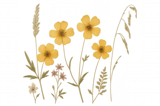 Yellow buttercup flowers and dried wild herbs botanical illustration on transparency for bohemian floral design