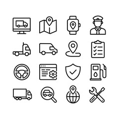 Vehicle management vector icons pack. Outline symbols. Line design