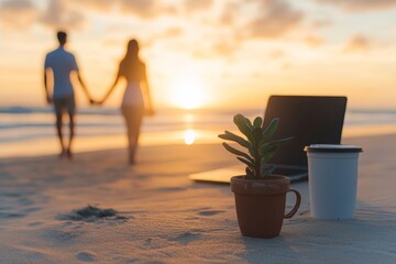 Remote work concept: couple at beach with laptop and plant at sunset