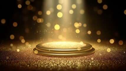 A golden, illuminated pedestal stage sparkles with bokeh in the background. Shimmering particles float about
