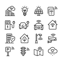 Connected city vector icon collection. Outline symbols. Line design
