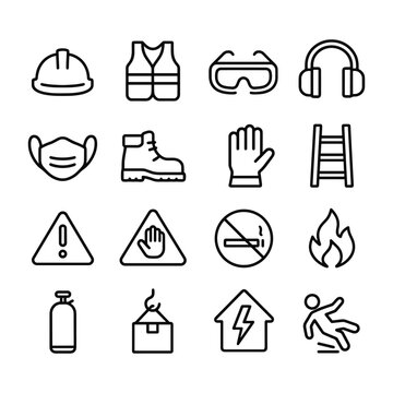 Safety protection vector icons pack. Outline symbols. Line design