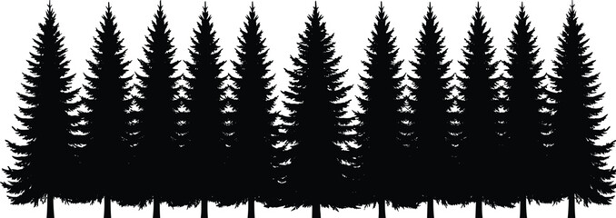 Silhouette conifer tree collection with pine shapes, pointed tops, dense foliage, outdoor forest design, botanical illustration, environmental landscape art