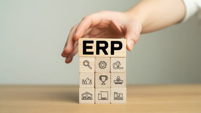 A hand carefully places an ERP block on top of other blocks which all contain symbols, conveying the concept of business technology