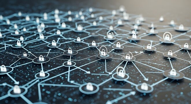Network of interconnected nodes with padlock icons representing security