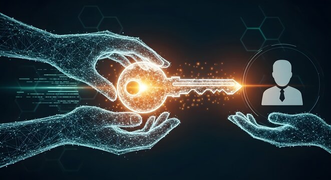 Digital key being passed from one abstract hand to another with user icon