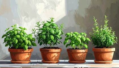 Group of potted herbs, sunlight casting over an array on a ledge