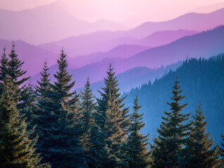 Naklejka premium Serene layered mountain landscape with evergreen trees in foreground under soft pink and purple twilight sky creating a tranquil natural atmosphere