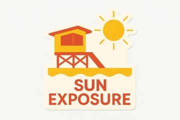 Obraz premium Bright sun icon with colorful beach hut design symbolizing sun exposure, perfect for summer outdoor enjoyment and relaxation, showcasing vibrant seasonal joy and warmth