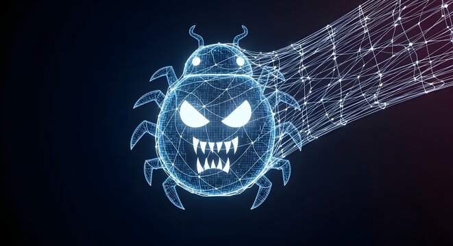 Digital bug icon made of glowing particles, representing a computer virus or malware