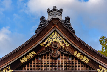 Naklejka premium Architecture detail on Jonangu Shinto Shrine from Heian period in southern Kyoto in Kansai region of Japan