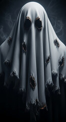 Torn white sheet ghost figure, dark background, spooky Halloween theme, mysterious and eerie, suitable for horror concepts