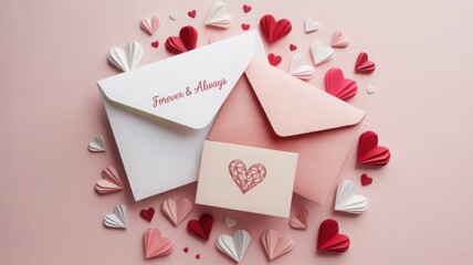 Lovely romantic greeting card in pink shades with the envelopes and hearts