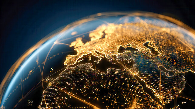Illuminated digital globe highlighting Europe, North Africa, and the Middle East with glowing city lights and network connections on a dark background - Powered by Adobe
