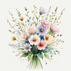 bouquet of flowers in colorful watercolors on a high-contrast white background
