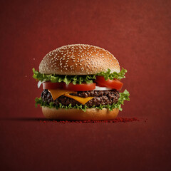 Photograph of a cheeseburger with vegetables on a high-contrast red background