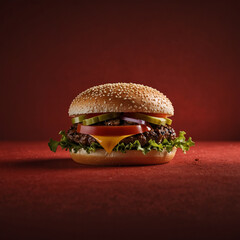 Photograph of a cheeseburger with vegetables on a high-contrast red background