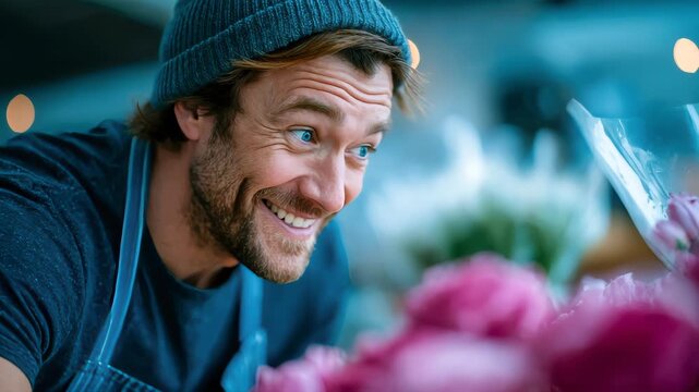 Friendly portrait of a man with blue eyes smiling in a shop environment with flowers in foreground