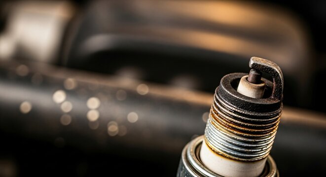 Macro of a Used Spark Plug with Carbon Buildup, Automotive Maintenance and Engine Tune up Concept, Car Repair Service, Replacing an Ignition System Component