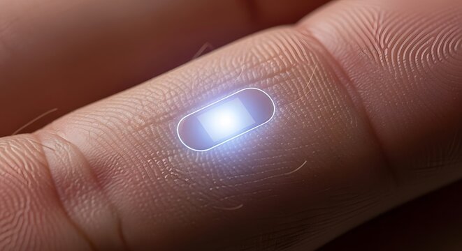 Closeup of a glowing microchip implant under human skin on a fingertip
