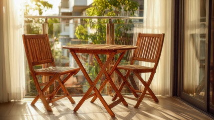 Wooden patio table and chairs set on balcony illuminated by warm sunlight with greenery and buildings in soft focus background creating a cozy outdoor space