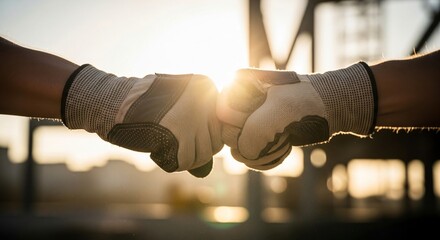 Teamwork and Solidarity, A Symbol of a Strong Partnership, Two Construction Workers Giving a Fist Bump at Sunset, Job Well Done and a Successful Project