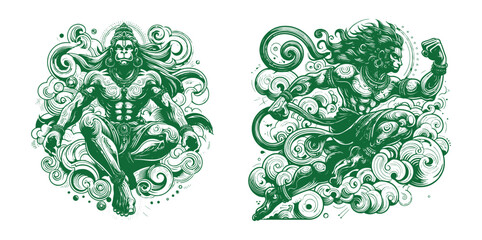 Vector style illustration of Lord Hanuman rendered with dynamic energetic linework silhouette for a striking design