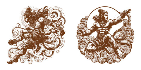 Vector style illustration of Lord Hanuman rendered with dynamic energetic linework silhouette for a striking design