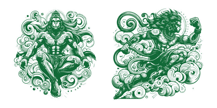 Vector style illustration of Lord Hanuman rendered with dynamic energetic linework silhouette for a striking design