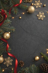 christmas background with fir branches and decorations