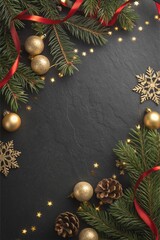 christmas background with fir branches and decorations