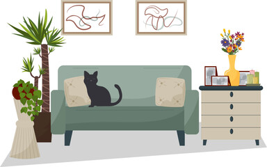 A living room interior with a sofa. A black cat sits on a green sofa with pillows. A nightstand holds a bouquet of flowers in a vase, candles, and several framed photographs. A plant stand with a