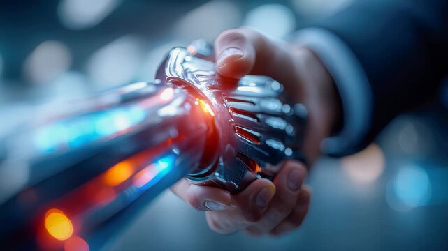 Robot hand shaking with businessmans hand, symbolizing AI-human partnership and future collaboration