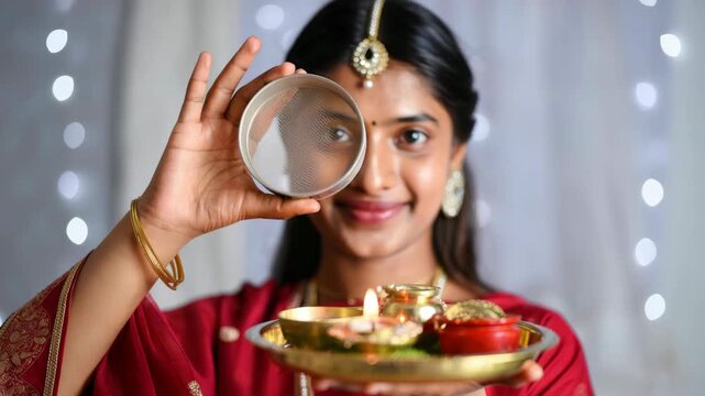 Woman holding channi sieve and decorated puja thali during Karwa Chauth festival, traditional Hindu fasting ritual, cultural celebration of marital devotion, festive prayer ceremony