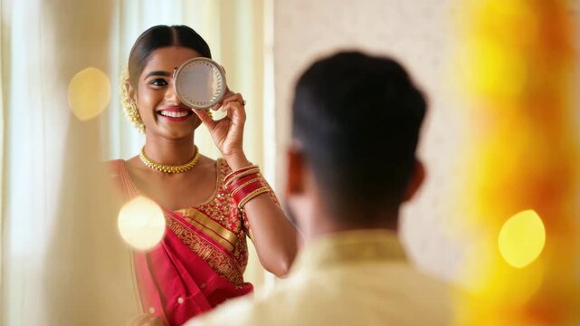 Smiling woman viewing her husband through channi sieve during Karwa Chauth fast, traditional Hindu ritual of love and devotion, festive celebration of marital bond, cultural ceremony
