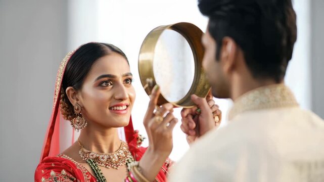 Woman looking at her husband through channi sieve during Karwa Chauth ritual, traditional Hindu fasting ceremony, marital devotion celebration, cultural prayer tradition, festive observance