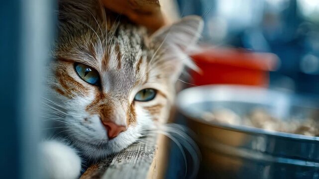 Cute tabby cat with bright blue eyes resting near a food bowl in soft light