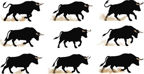 Bull silhouette collection vector set, powerful animal illustration with dust effect, strong wild ox design, charging bull artwork for logo concepts