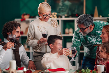 Family celebrating christmas toasting with glasses at home