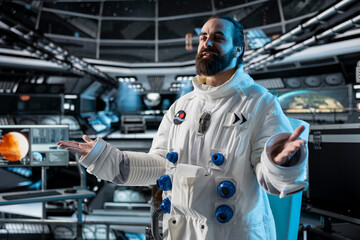 Happy cosmonaut preparing Mars journey, preparing for future of mankind. Cheerful man in spaceship explores red planet in search of signs that could support human life beyond Earth
