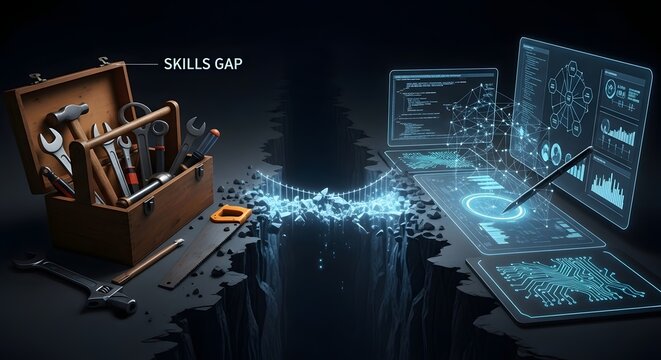 Toolbox and futuristic digital interface illustrating the concept of skills gap in technology