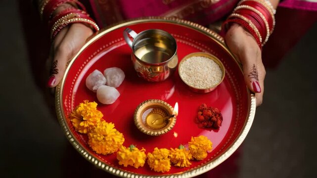 Traditional Karwa Chauth puja thali with lit diya, sweets, marigold flowers, sindoor and sacred offerings, festive ritual plate for Hindu fasting ceremony, cultural expression of devotion