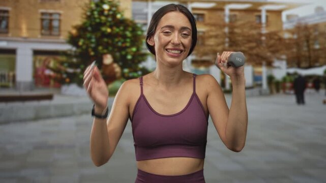 Woman holding 1kg dumbbell and smiling with exposed midriff on a city street near a decorated tree; joy.