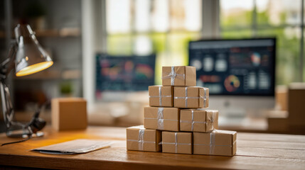 Stack of small brown shipping boxes arranged on a wooden desk with computer screens and office lamp in the blurred background of a modern workspace environment