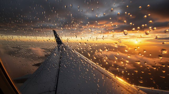 View of a glowing sunset sky with dark clouds through a rain-spattered airplane window wing during flight, capturing a serene and reflective moment above the clouds