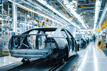 Modern automobile assembly line in a high-tech manufacturing facility