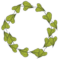 Hand drawn plants, dividers, wreaths, border frames. Circle floral frame with leaves on white background. Vector hand drawn illustration for wallpaper, posters, card. Copy space. Doodle style.