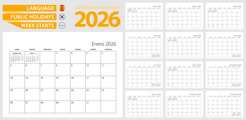 Spanish calendar planner for 2026. Spanish language, week starts from Monday.