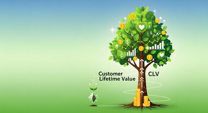 Customer lifetime value growth tree with coins and business growth chart