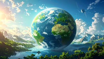 A vibrant, serene landscape embraces a large, detailed depiction of Earth, set against a sky filled with puffy clouds.